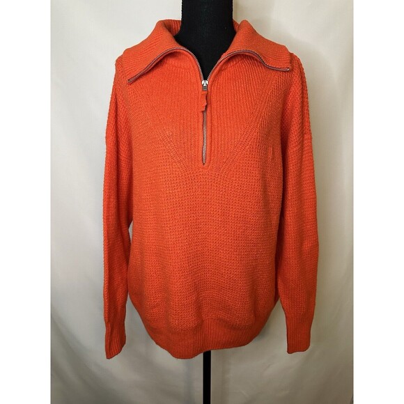 AERIE CozyUp Waffle Quarter Zip Collared Red Orange Sweater XS NWT DEFECT - Picture 2 of 10